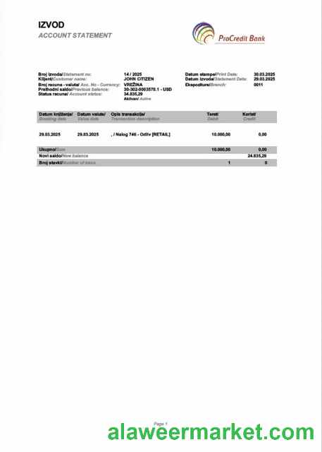 Slovenia ProCredit bank account statement Word and PDF template